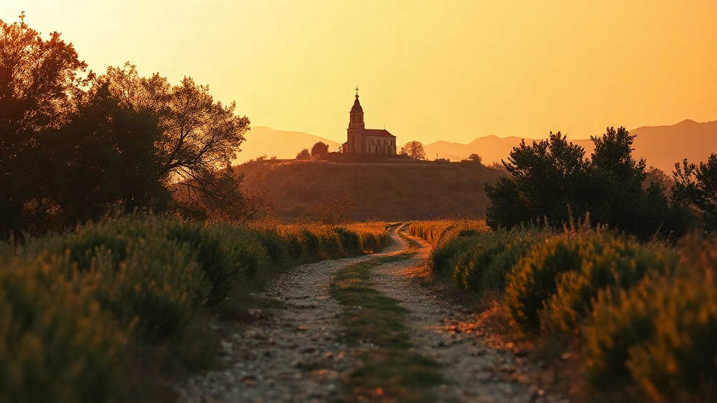 Quiet pilgrimage path toward a chapel at golden hour